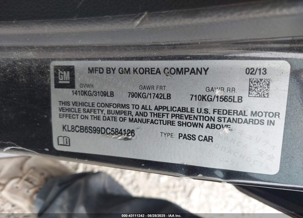 2013 CHEVROLET SPARK LS AUTO VIN: KL8CB6S99DC584126