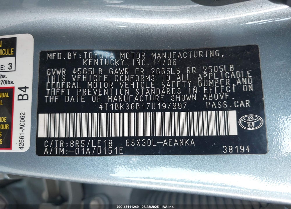 2007 TOYOTA AVALON TOURING VIN: 4T1BK36B17U197997