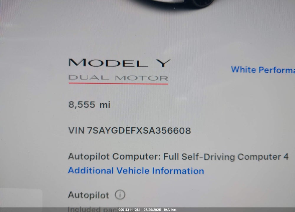 2025 TESLA MODEL Y PERFORMANCE DUAL MOTOR ALL-WHEEL DRIVE VIN: 7SAYGDEFXSA356608