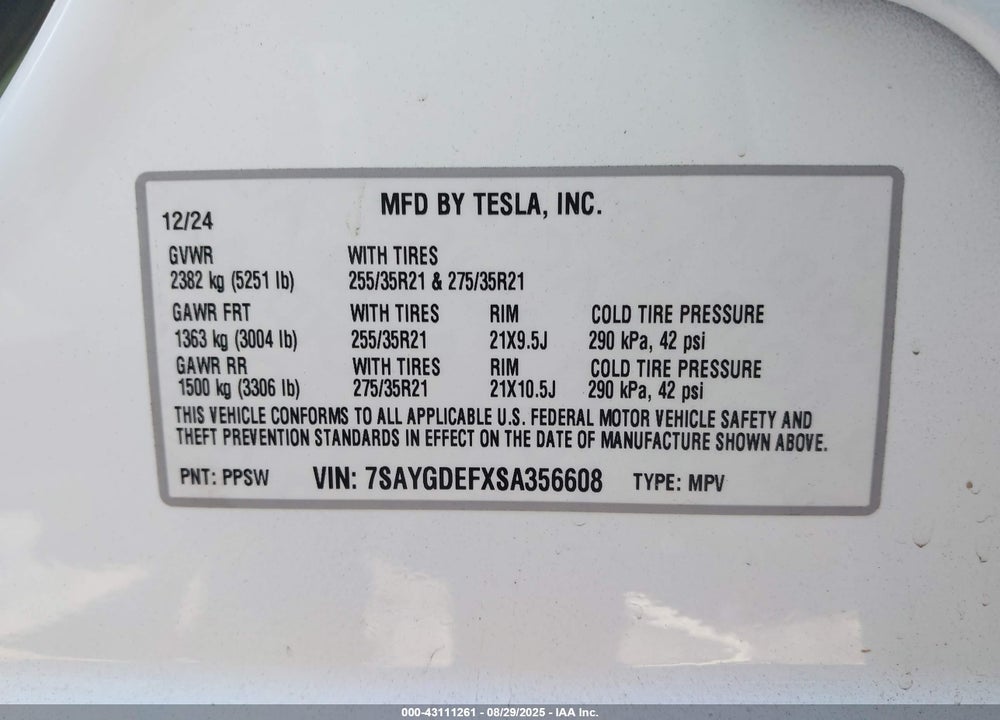 2025 TESLA MODEL Y PERFORMANCE DUAL MOTOR ALL-WHEEL DRIVE VIN: 7SAYGDEFXSA356608