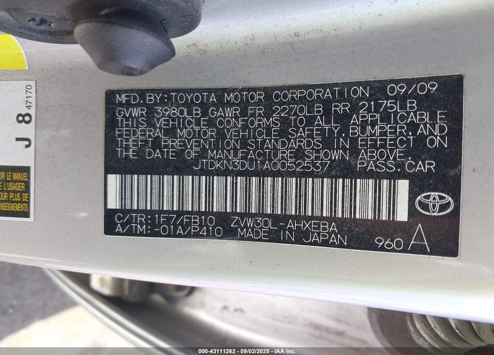 2010 TOYOTA PRIUS VIN: JTDKN3DU1A0052537