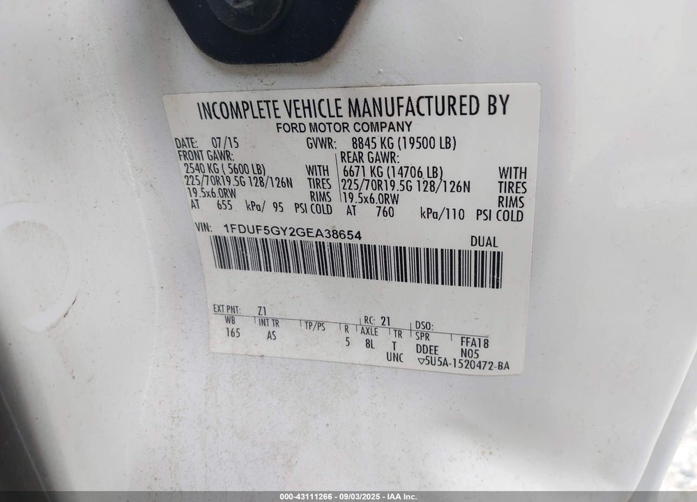 2016 FORD F-550 CHASSIS XL VIN: 1FDUF5GY2GEA38654