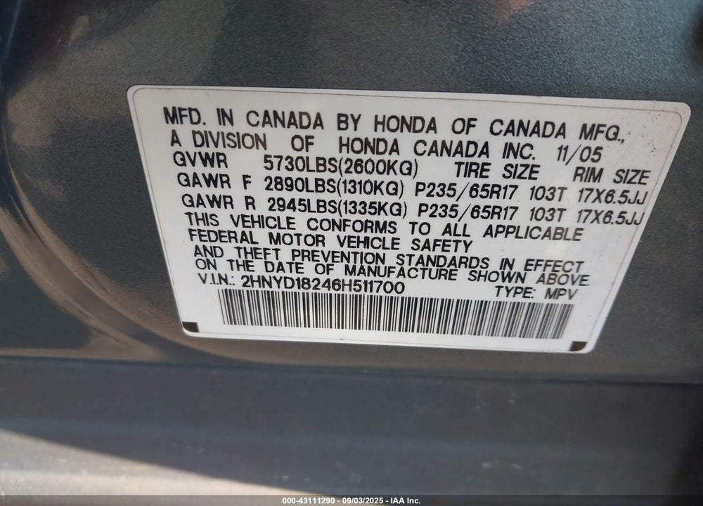 2006 ACURA MDX VIN: 2HNYD18246H511700