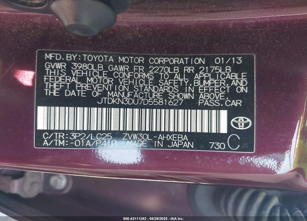 2013 TOYOTA PRIUS VIN: JTDKN3DU7D5581627