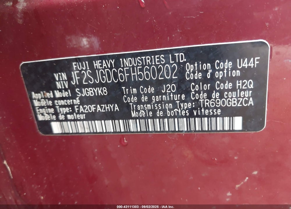 2015 SUBARU FORESTER VIN: JF2SJGDC6FH560202