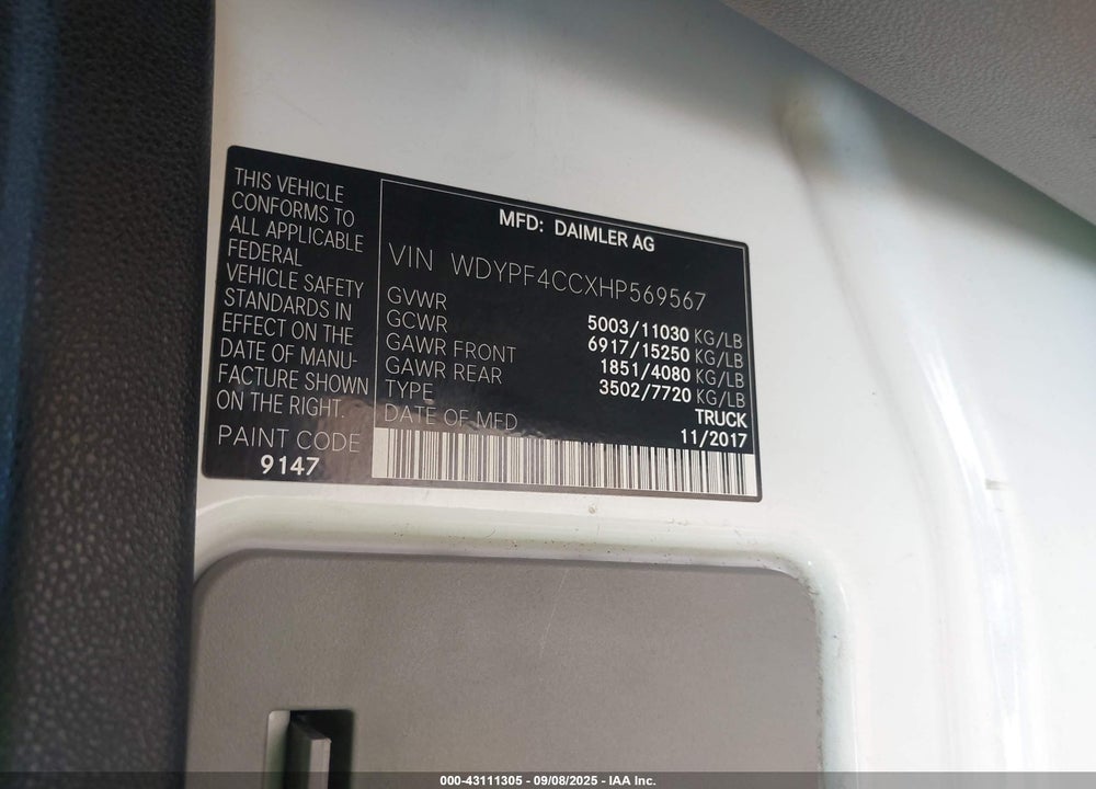 2017 FREIGHTLINER SPRINTER 3500 VIN: WDYPF4CCXHP569567