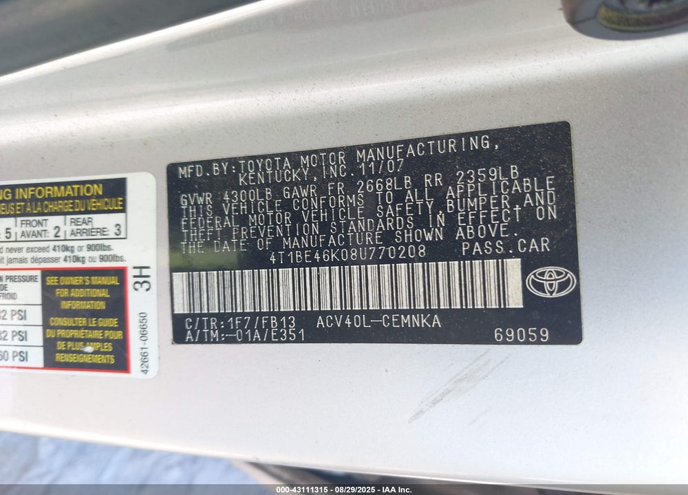 2008 TOYOTA CAMRY VIN: 4T1BE46K08U770208