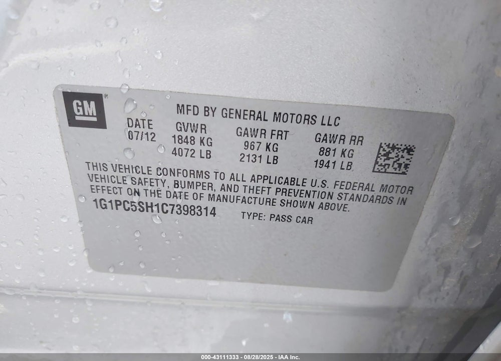 2012 CHEVROLET CRUZE VIN: 1G1PC5SH1C7398314