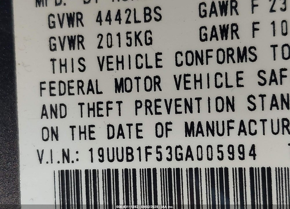 2016 ACURA TLX TECH VIN: 19UUB1F53GA005994