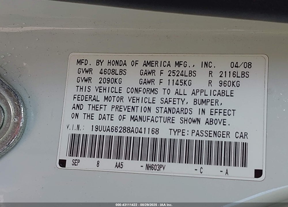 2008 ACURA TL 3.2 VIN: 19UUA66288A041168
