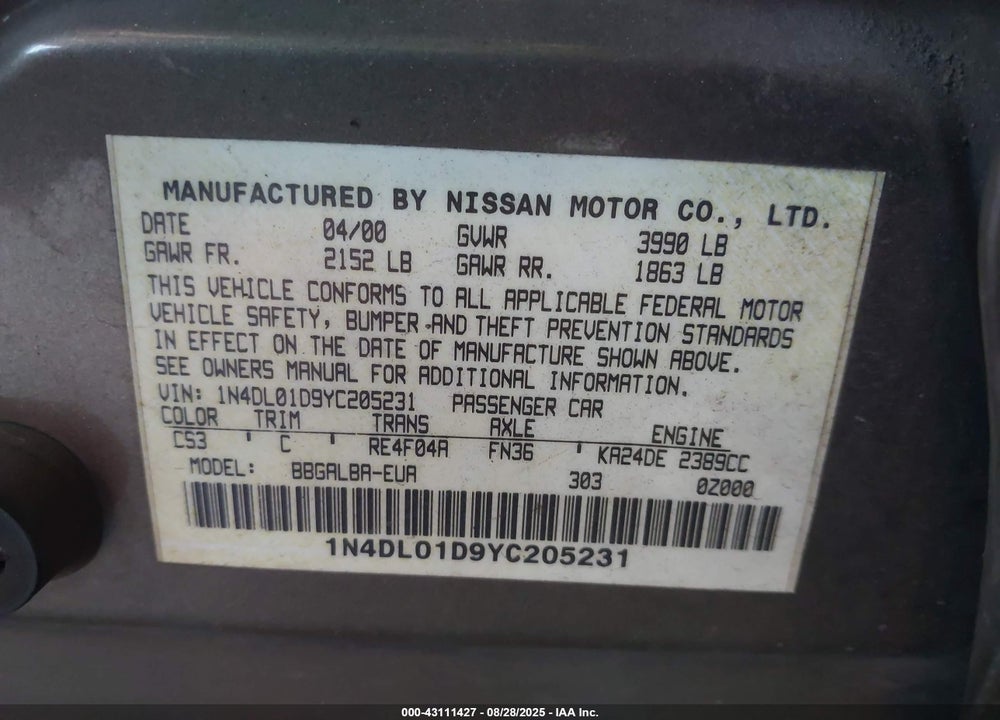 2000 NISSAN ALTIMA GLE/GXE/SE/XE VIN: 1N4DL01D9YC205231