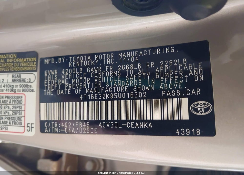 2005 TOYOTA CAMRY LE VIN: 4T1BE32K95U016302
