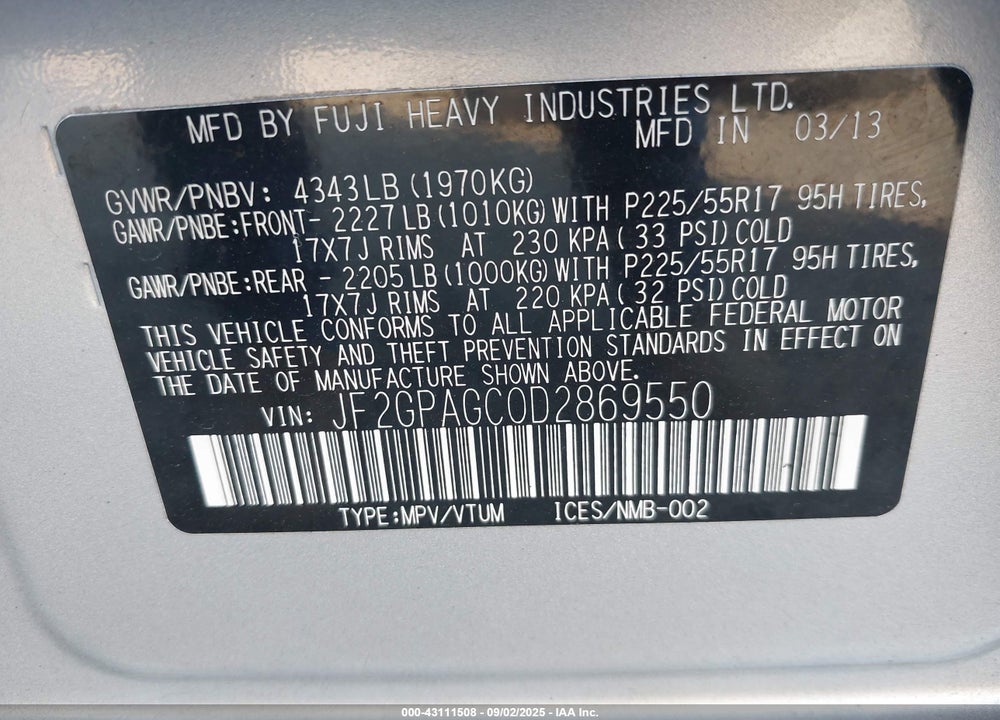 2013 SUBARU XV CROSSTREK VIN: JF2GPAGC0D2869550