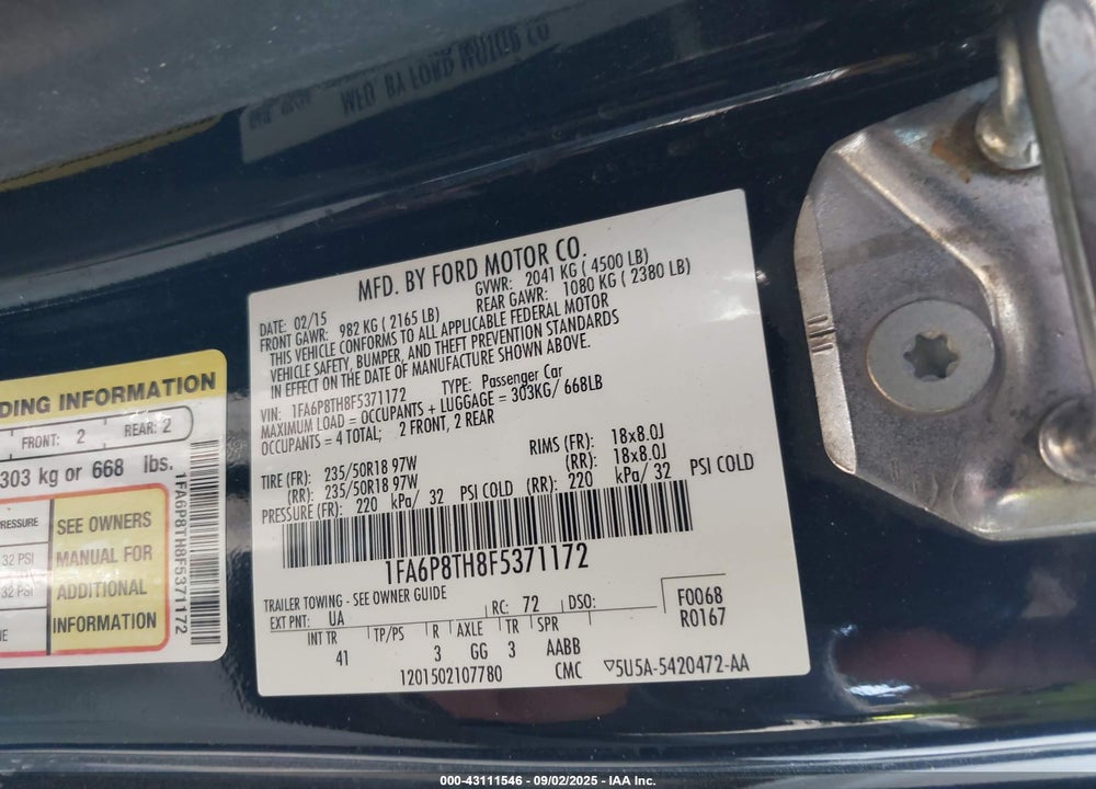 2015 FORD MUSTANG ECOBOOST VIN: 1FA6P8TH8F5371172