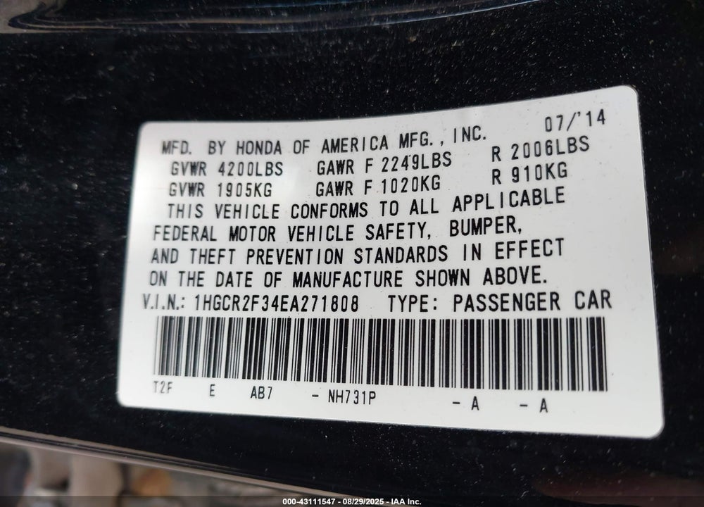2014 HONDA ACCORD VIN: 1HGCR2F34EA271808