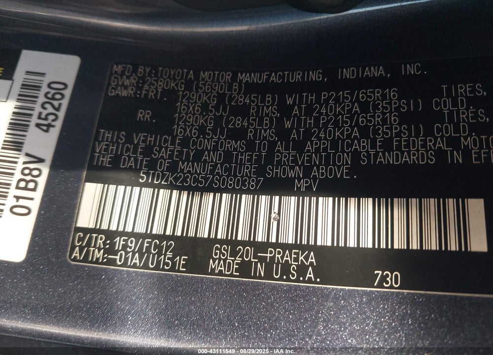 2007 TOYOTA SIENNA LE VIN: 5TDZK23C57S080387
