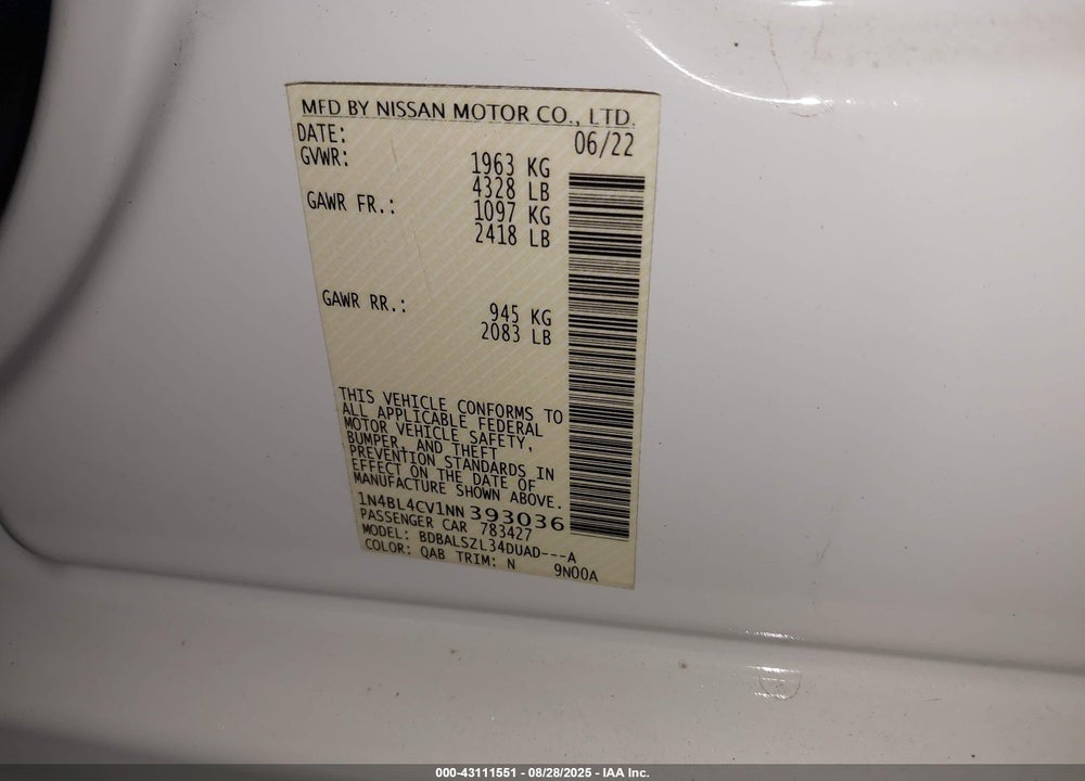 2022 NISSAN ALTIMA VIN: 1N4BL4CV1NN393036