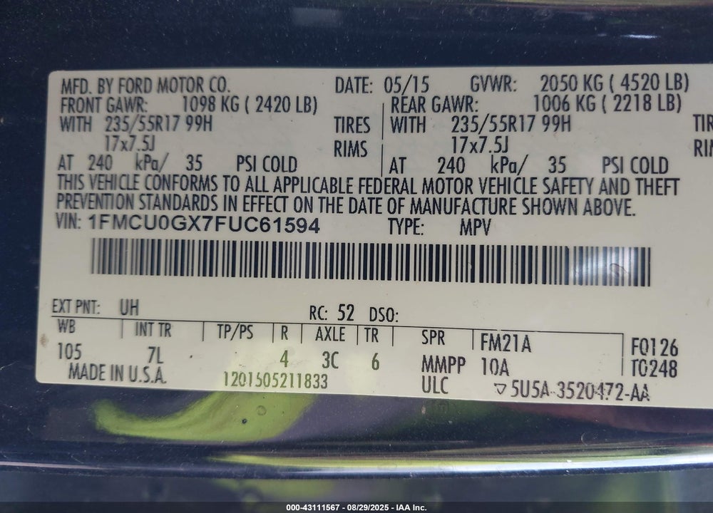 2015 FORD ESCAPE VIN: 1FMCU0GX7FUC61594