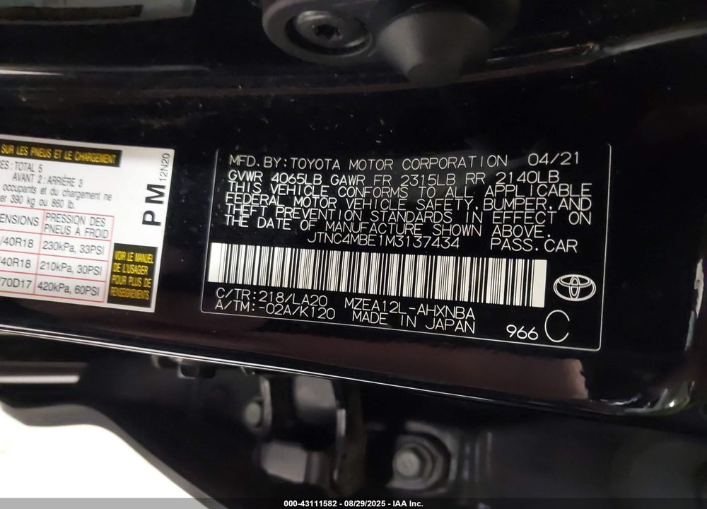 2021 TOYOTA COROLLA VIN: JTNC4MBE1M3137434