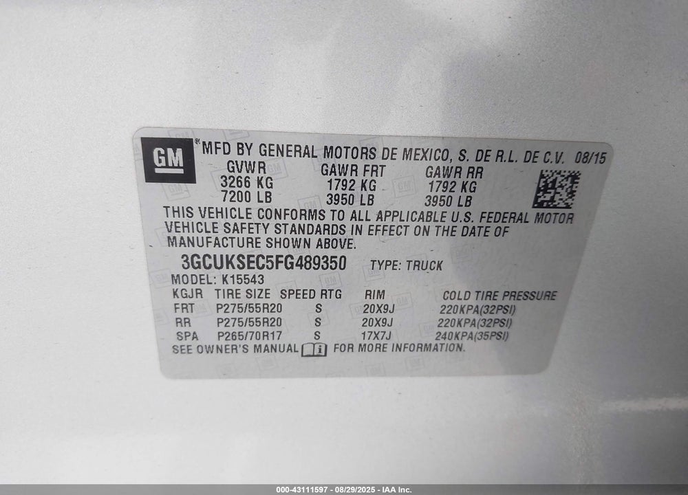 2015 CHEVROLET SILVERADO 1500 2LZ VIN: 3GCUKSEC5FG489350