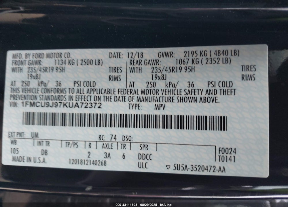 2019 FORD ESCAPE VIN: 1FMCU9J97KUA72372