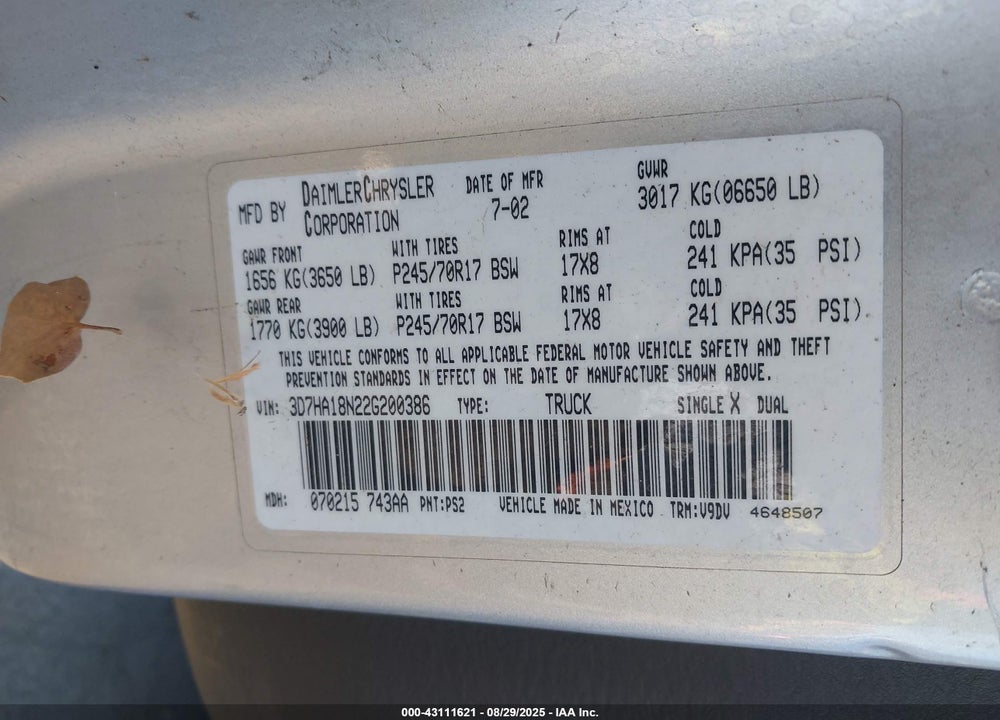 2002 DODGE RAM 1500 ST VIN: 3D7HA18N22G200386