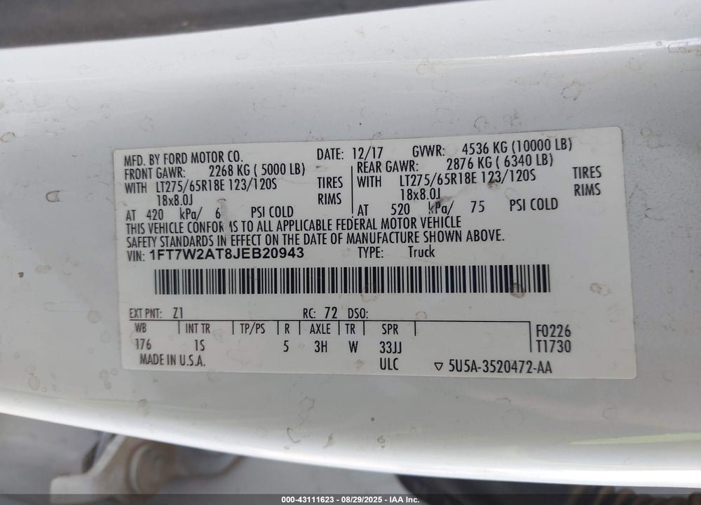 2018 FORD F-250 VIN: 1FT7W2AT8JEB20943