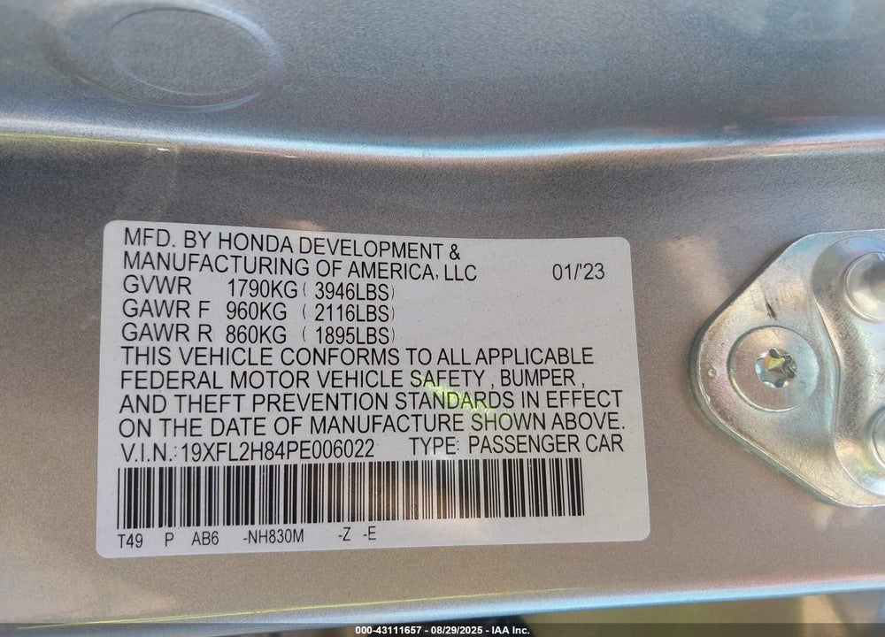 2023 HONDA CIVIC VIN: 19XFL2H84PE006022
