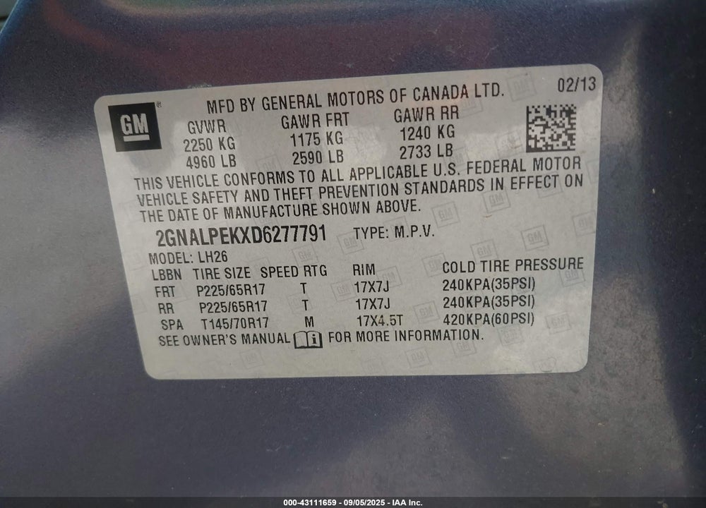 2013 CHEVROLET EQUINOX VIN: 2GNALPEKXD6277791