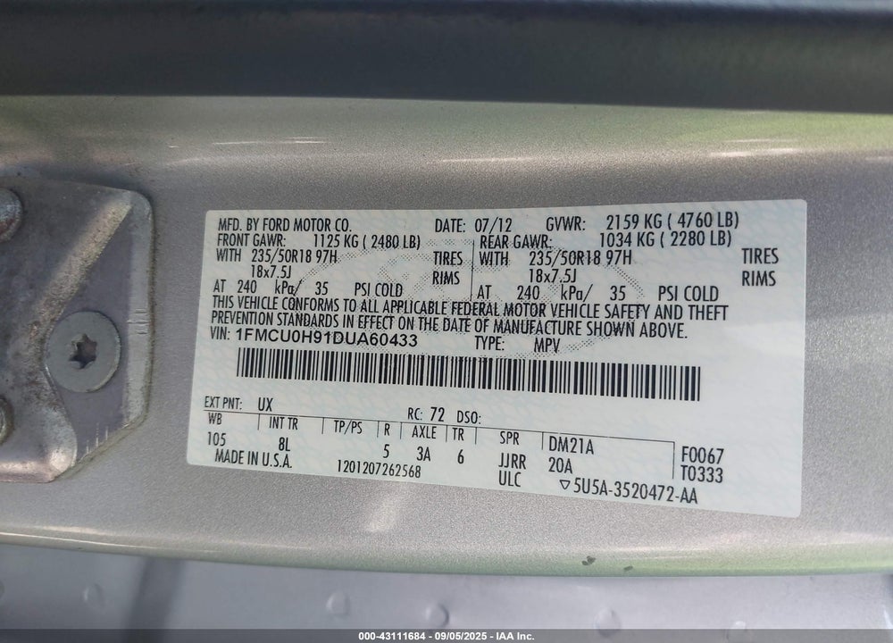 2013 FORD ESCAPE VIN: 1FMCU0H91DUA60433