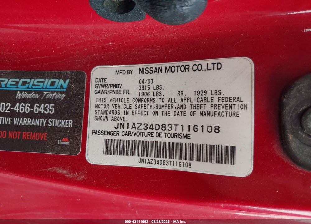 2003 NISSAN 350Z TOURING VIN: JN1AZ34D83T116108