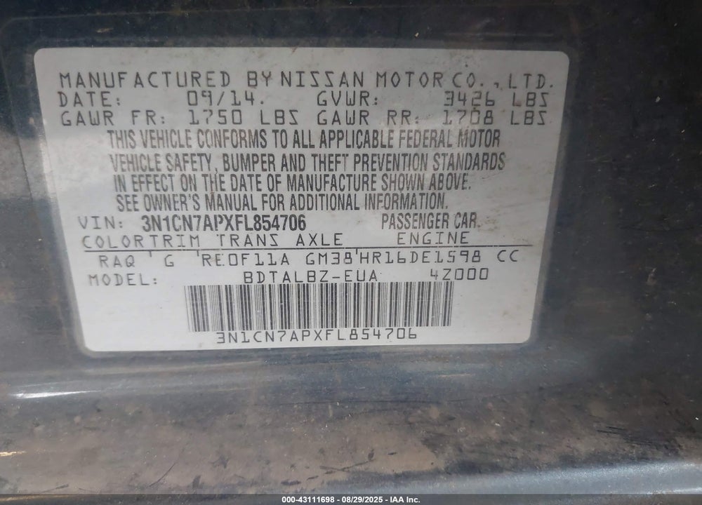 2015 NISSAN VERSA VIN: 3N1CN7APXFL854706