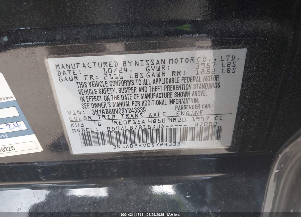2025 NISSAN SENTRA VIN: 3N1AB8BV0SY243339