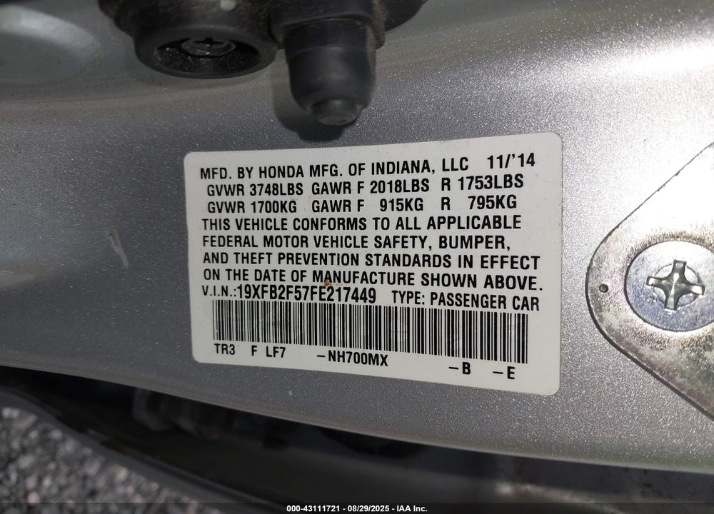 2015 HONDA CIVIC VIN: 19XFB2F57FE217449