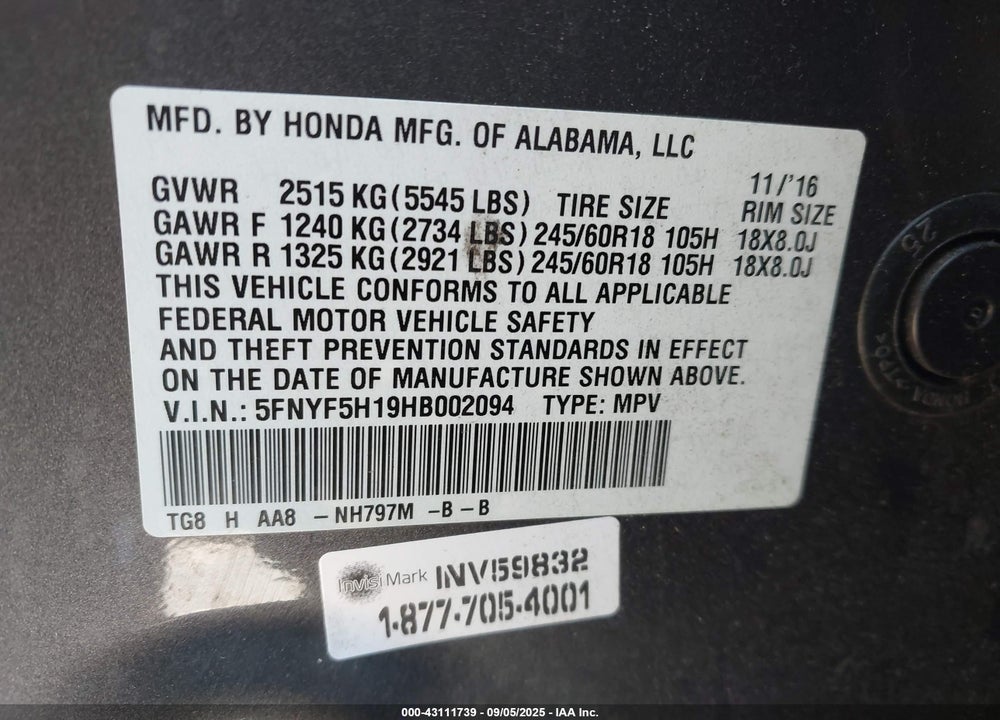 2017 HONDA PILOT VIN: 5FNYF5H19HB002094