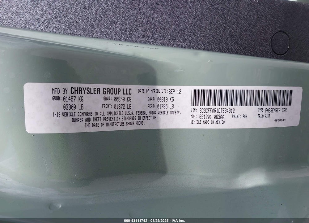 2013 FIAT 500 VIN: 3C3CFFAR1DT534312