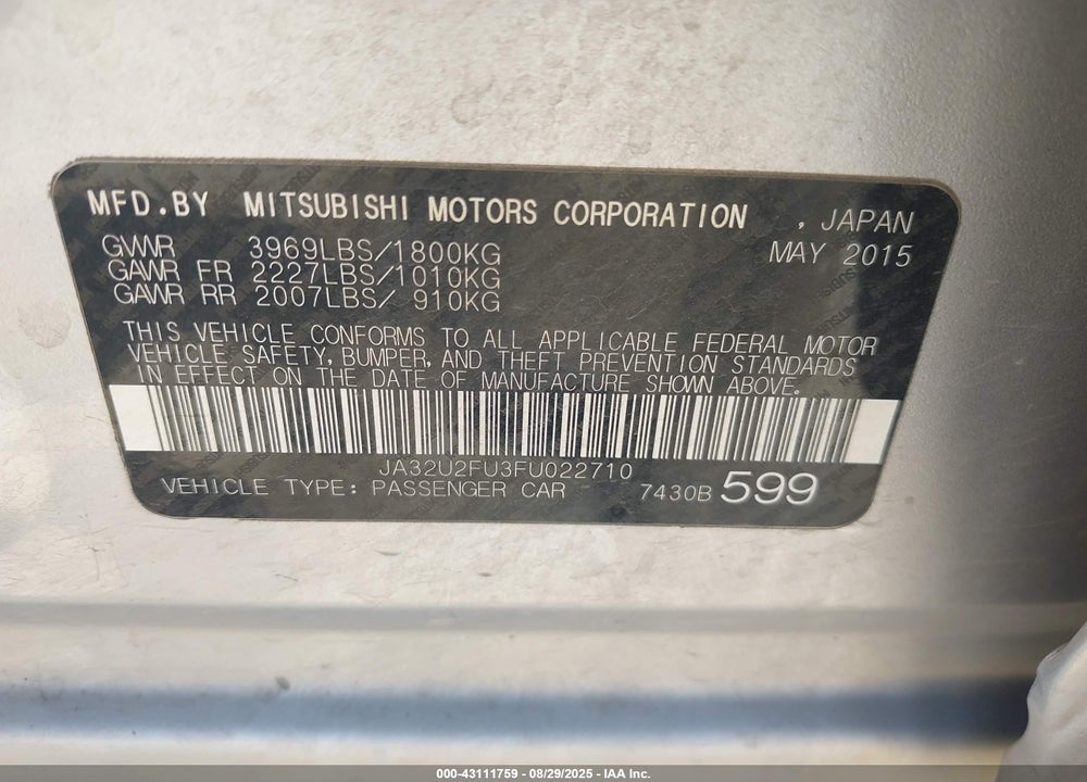 2015 MITSUBISHI LANCER ES VIN: JA32U2FU3FU022710
