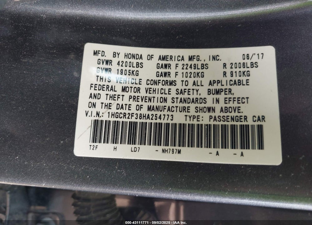 2017 HONDA ACCORD VIN: 1HGCR2F38HA254773