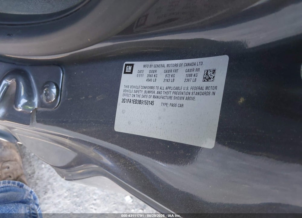 2011 CHEVROLET CAMARO 2LS VIN: 2G1FA1ED3B9150145