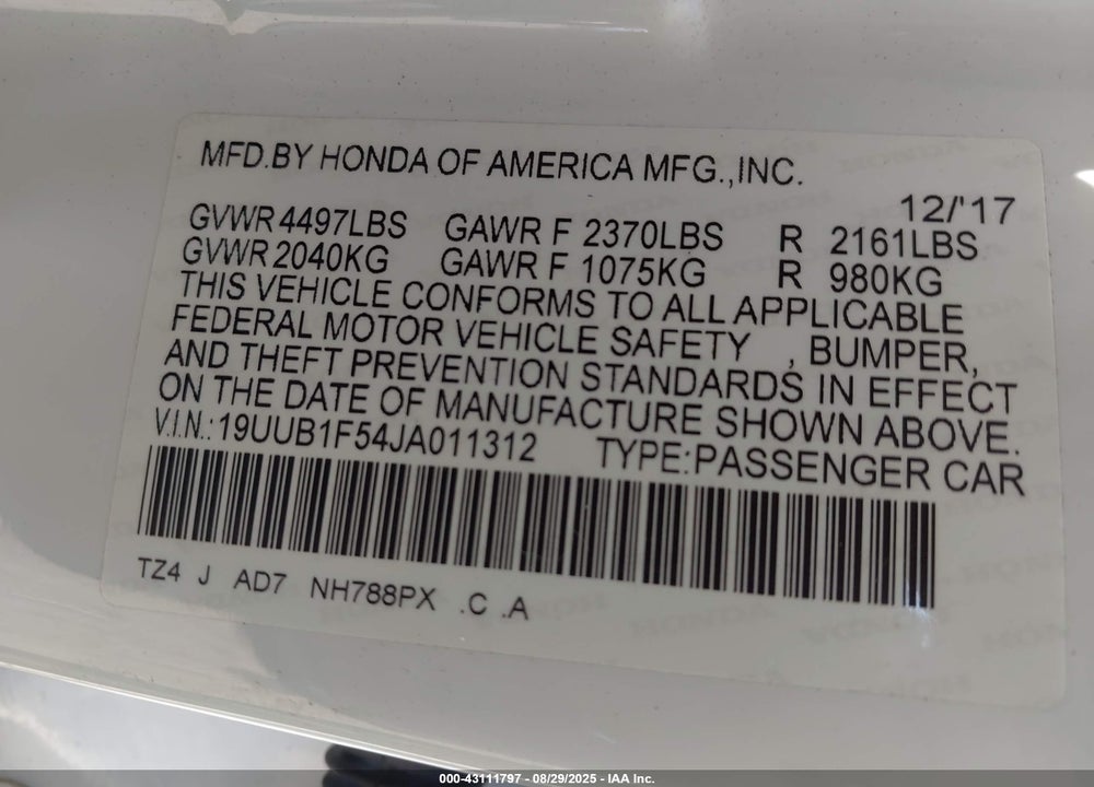 2018 ACURA TLX VIN: 19UUB1F54JA011312