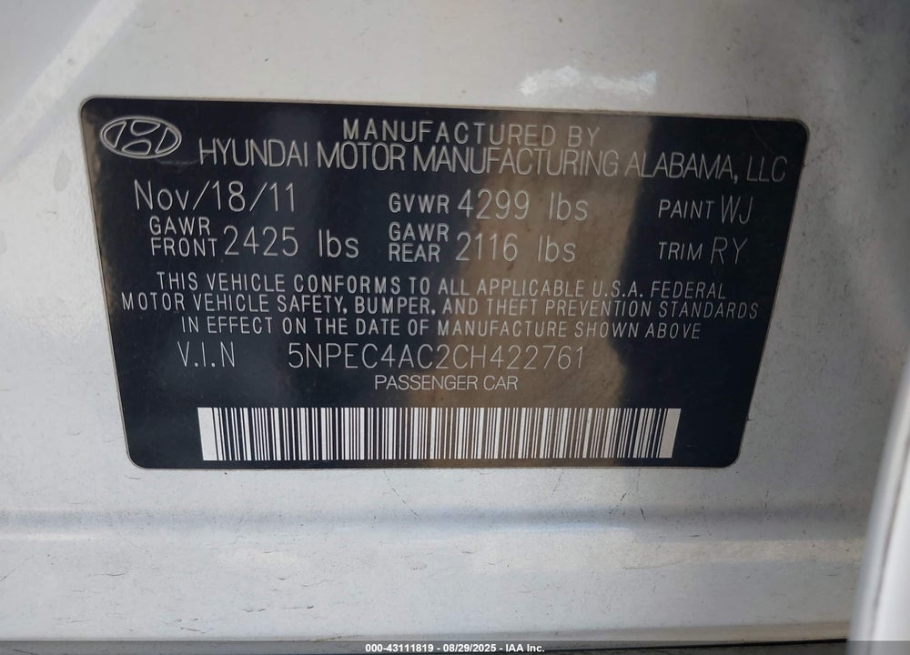 2012 HYUNDAI SONATA VIN: 5NPEC4AC2CH422761
