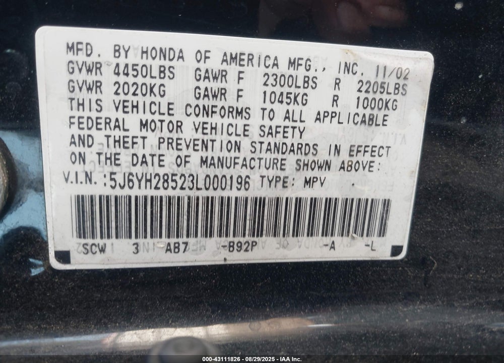 2003 HONDA ELEMENT EX VIN: 5J6YH28523L000196