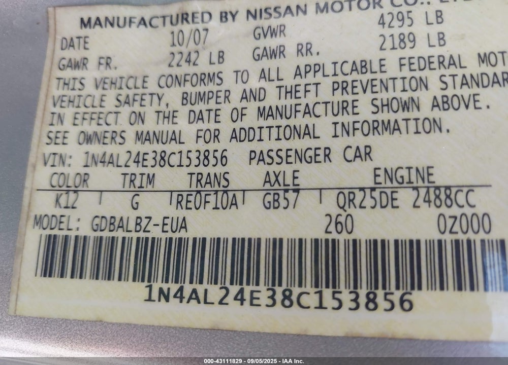 2008 NISSAN ALTIMA 2.5 S VIN: 1N4AL24E38C153856