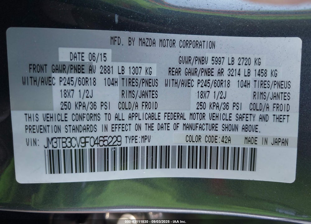 2015 MAZDA CX-9 VIN: JM3TB3CV9F0465229