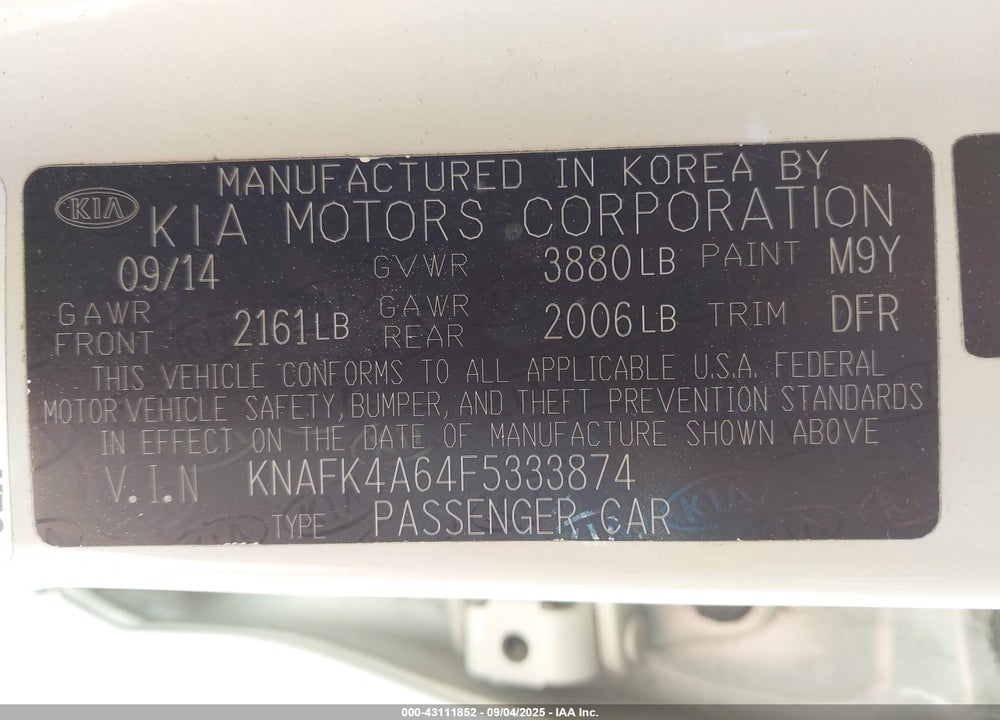 2015 KIA FORTE VIN: KNAFK4A64F5333874
