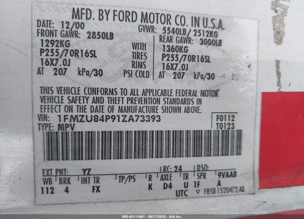 2001 FORD EXPLORER EDDIE BAUER VIN: 1FMZU84P91ZA73393