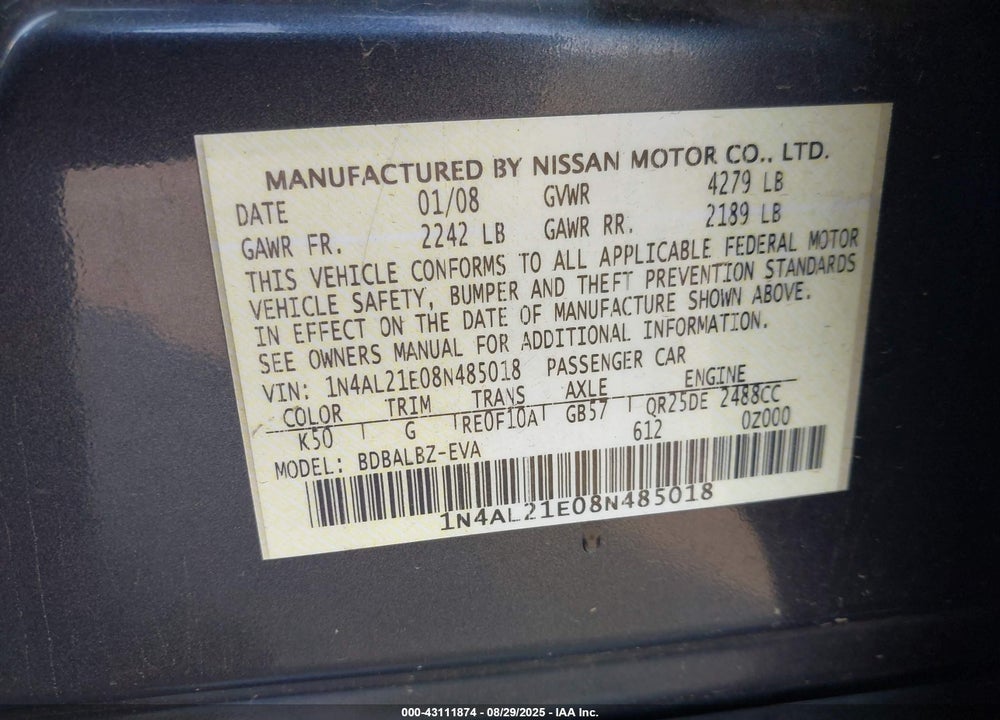 2008 NISSAN ALTIMA 2.5 S VIN: 1N4AL21E08N485018