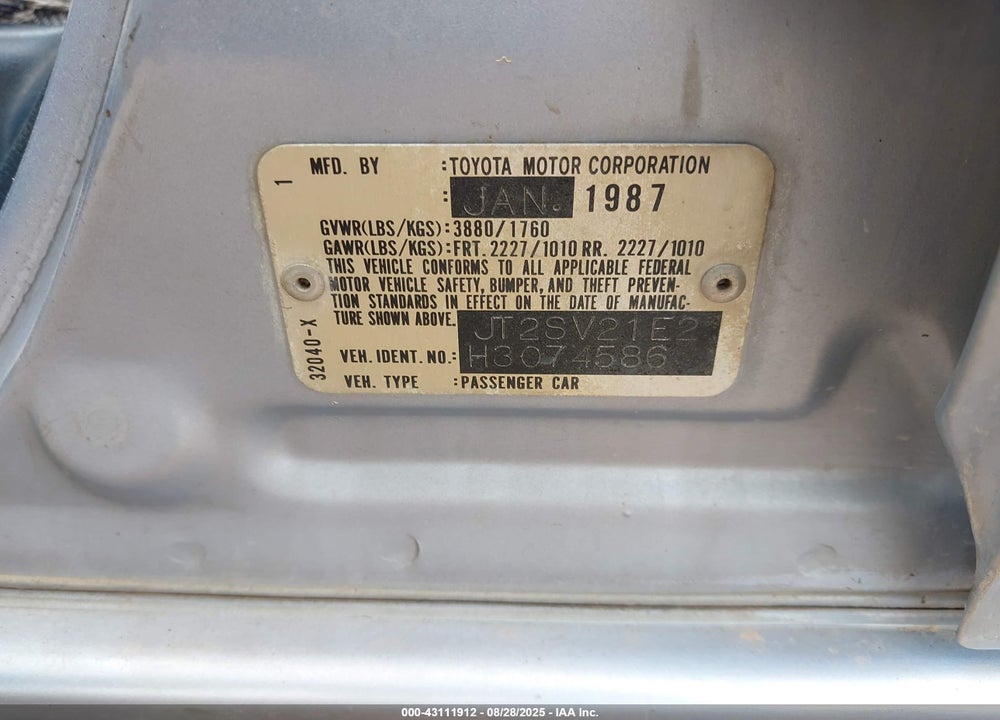 1987 TOYOTA CAMRY DLX VIN: JT2SV21E2H3074586
