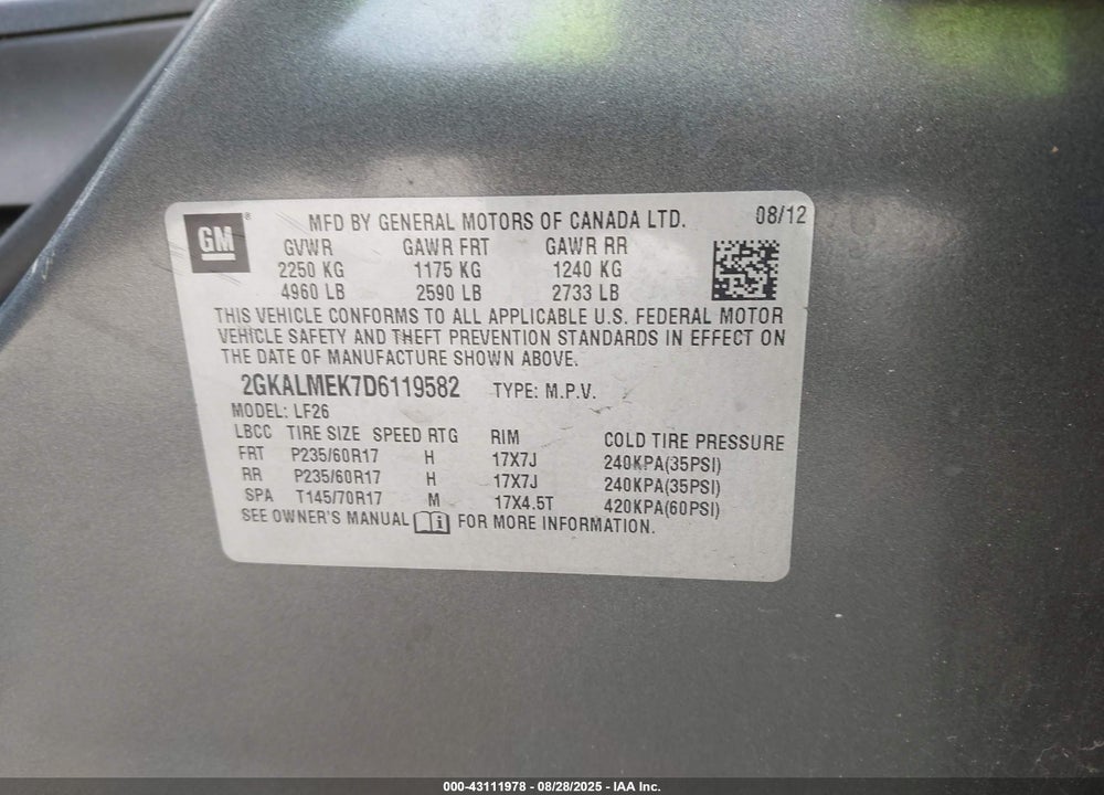2013 GMC TERRAIN SLE-1 VIN: 2GKALMEK7D6119582