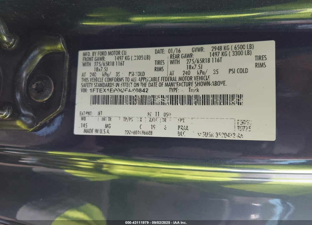 2016 FORD F-150 XLT VIN: 1FTEX1EP0GFA80842